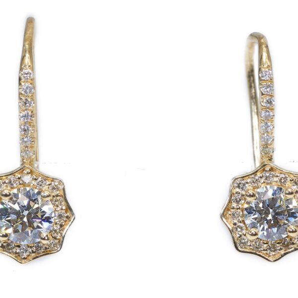 עגילי יהלום פרח זהב צהוב תלויים עם הילה מיוחדת