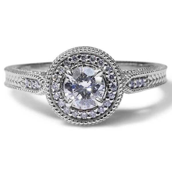 טבעת אירוסין בסגנון עתיק מזהב לבן בשיבוץ יהלום עגול