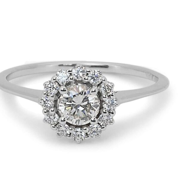 טבעת יהלומים מזהב לבן פרחים הילה עדינה