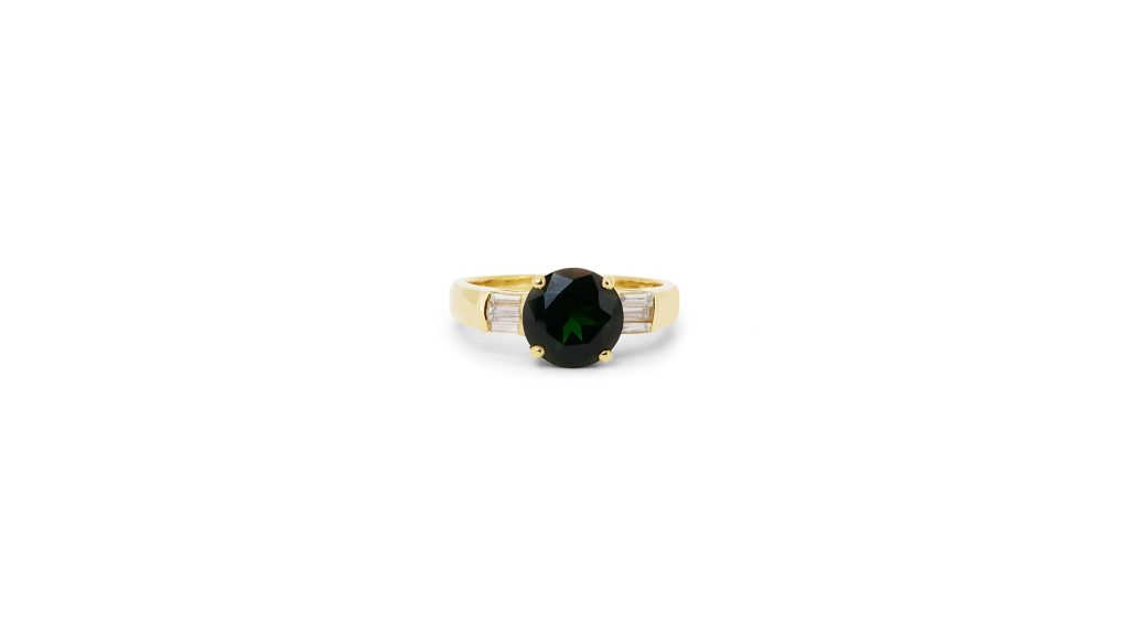 טבעת אבן חן ירוקה טורמלין עם יהלומי בגט זהב צהוב