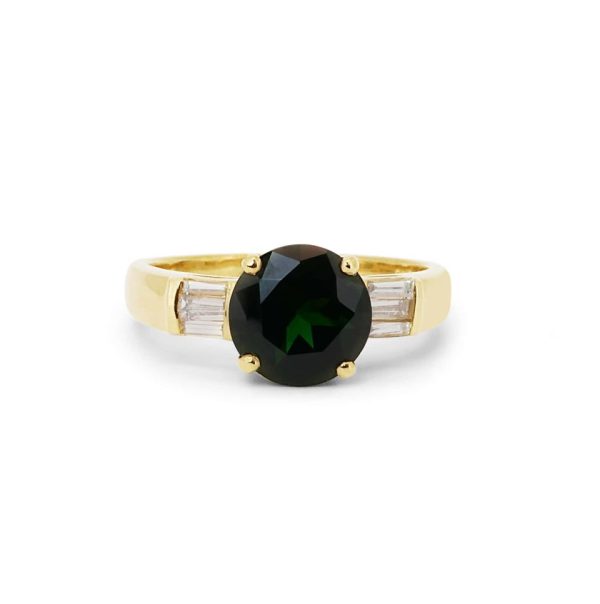 טבעת אבן חן ירוקה טורמלין עם יהלומי בגט זהב צהוב