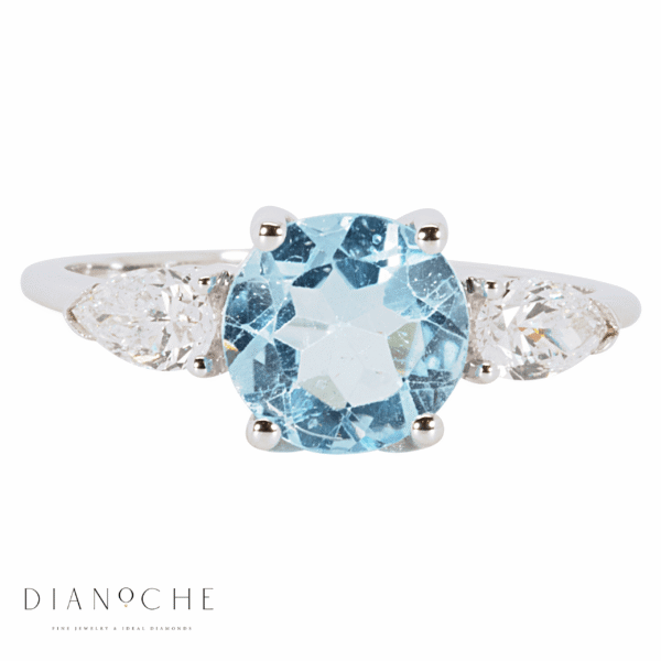 טבעת טופז כחול זהב לבן עם יהלומי צד טיפה