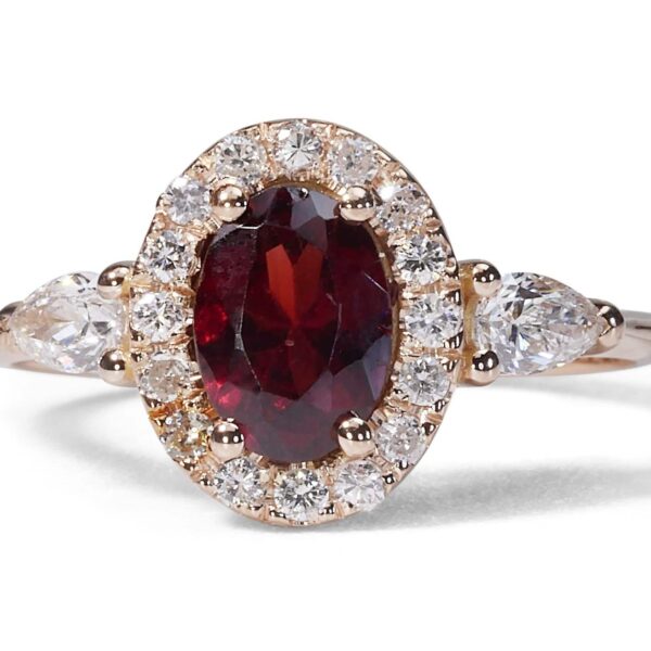 טבעת 3 אבנים גרנט זהב אדום הילה