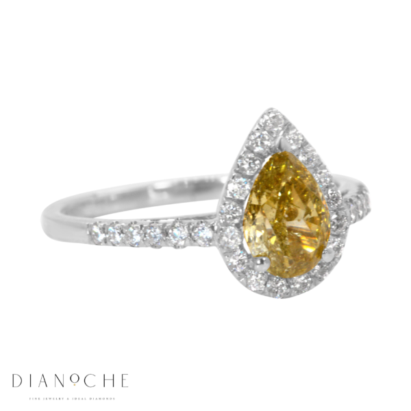 טבעת מזהב לבן מעוצבת עם יהלום צהוב בצורת טיפה