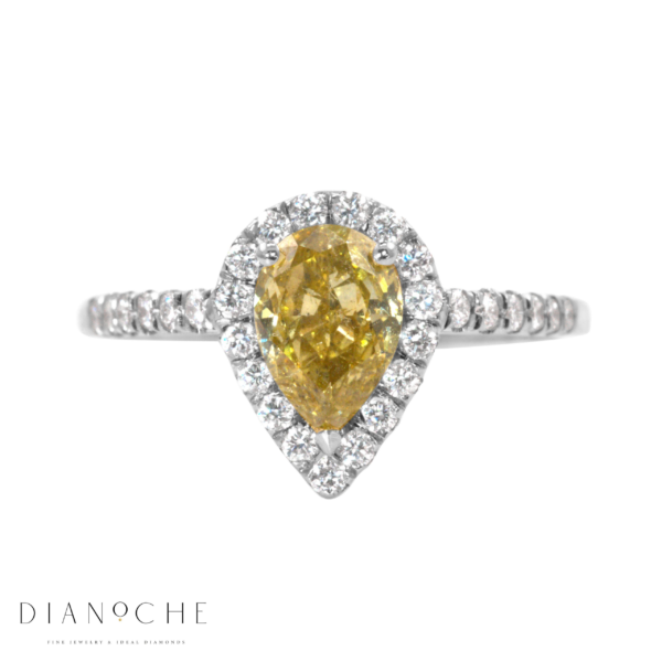 טבעת מזהב לבן מעוצבת עם יהלום צהוב בצורת טיפה