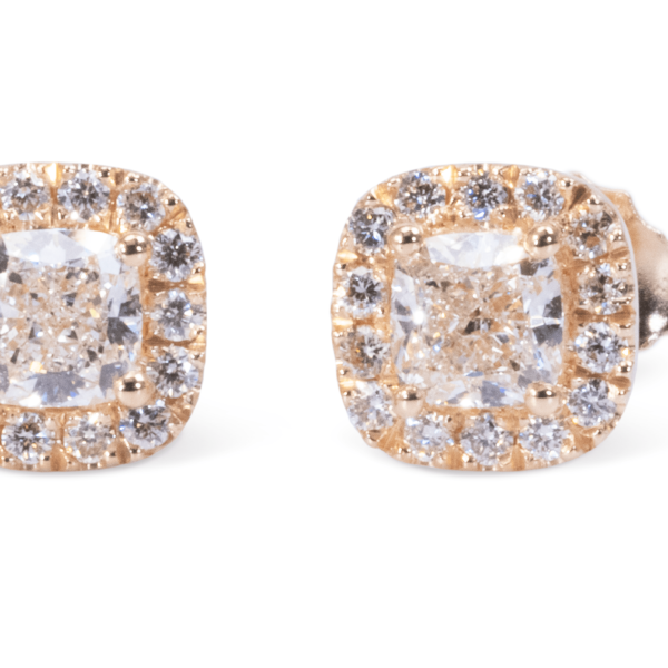 עגילים צמודים פאווה מרובע מזהב אדום בשיבוץ יהלום קושן