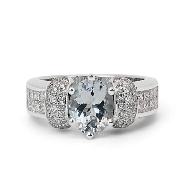 טבעת אקווה מרין ויהלומים זהב לבן