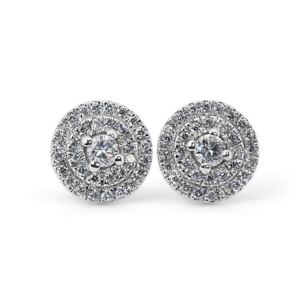 עגילי יהלומים צמודים הילה כפולה זהב לבן