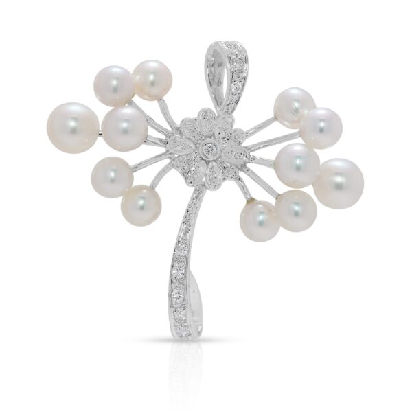 תליון קליל מיהלום טבעי 0.09ct ופנינת אקויה בזהב לבן 18K (חדש)