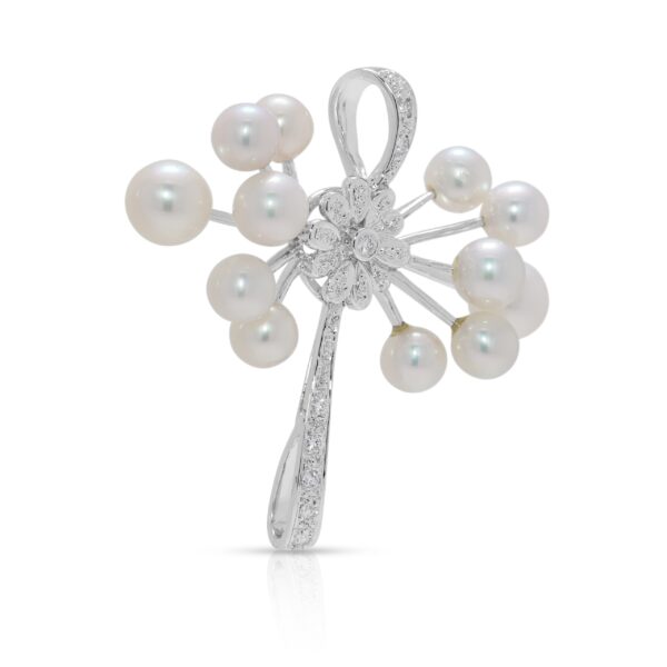 תליון קליל מיהלום טבעי 0.09ct ופנינת אקויה בזהב לבן 18K (חדש)