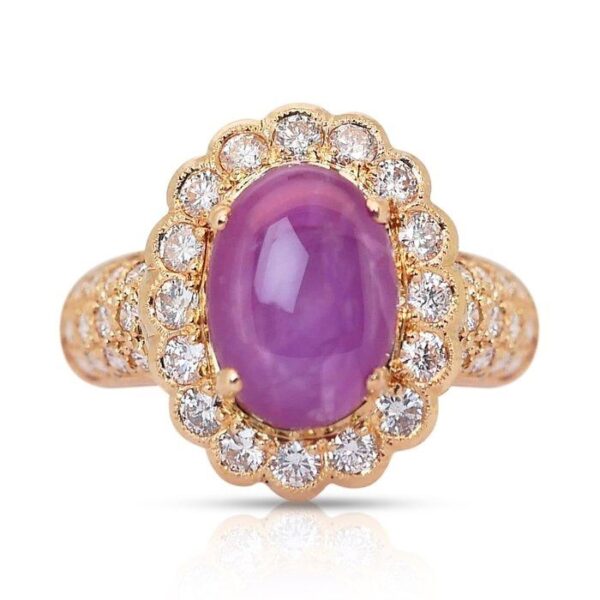 טבעת קוקטייל מרהיבה מזהב צהוב 18 קראט, משובצת רובי כוכב 2.92 קראט ויהלומים טבעיים - מתועדת על ידי IGI.