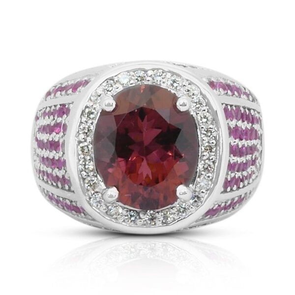 טבעת קוקטייל מהפנטת בזהב לבן 14 קרט, משובצת רובליט, ספירים ויהלומים במשקל 7.40 קרט - מתועדת IGI