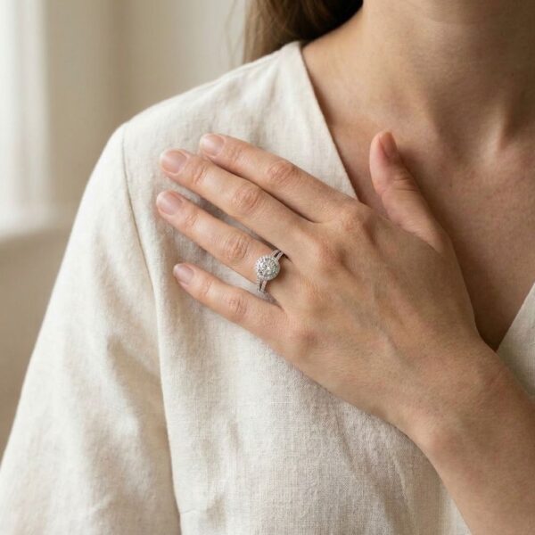 טבעת הילה שמימית מזהב לבן 18K, משובצת יהלום טבעי 1.19ct ופאווה, עם שוקיים כפולות.