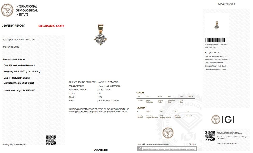 תליון יהלום סוליטר קלאסי 0.50ct ברליאנט עגול - תעודת IGI – תמונה 8