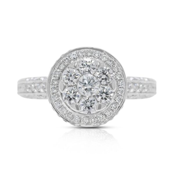 טבעת הילה משובצת פאווה מרהיבה מזהב לבן 18 קראט עם יהלום טבעי 1.01 קראט