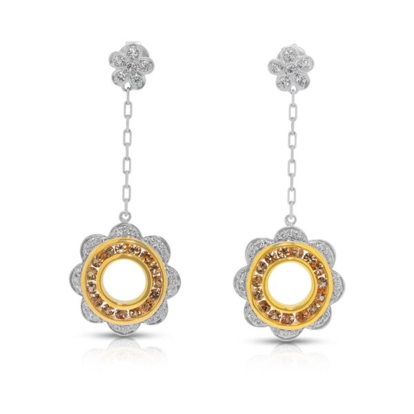 עגילים תלויים אלגנטיים בעיצוב פרחוני עם ספיר צהוב 1.05ct ויהלומים בזהב 18k דו-גוני מבית Lee Hwa