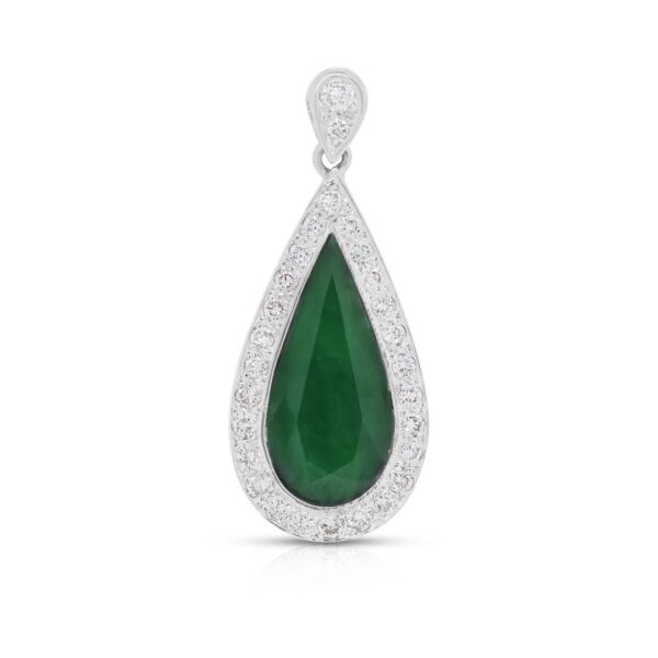 תליון שובה לב מיהלום טבעי במשקל 0.44 קראט וירקן ירוק בחיתוך אגס בזהב לבן 18 קראט