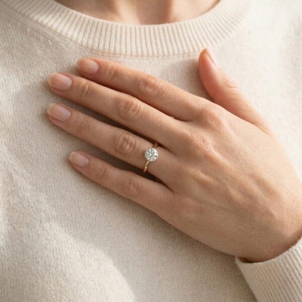 טבעת סוליטר שמימית בשיבוץ "כתר" מזהב צהוב 18K, משובצת יהלום טבעי בחיתוך עגול מבריק במשקל 0.90ct