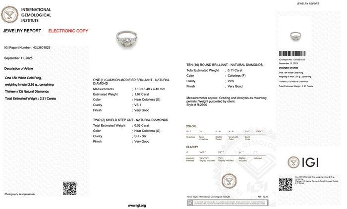 טבעת יהלומים מרהיבה בעיצוב שלושה יהלומים במשקל 2.31 קראט בזהב לבן 18 קראט - מתועדת IGI – תמונה 9