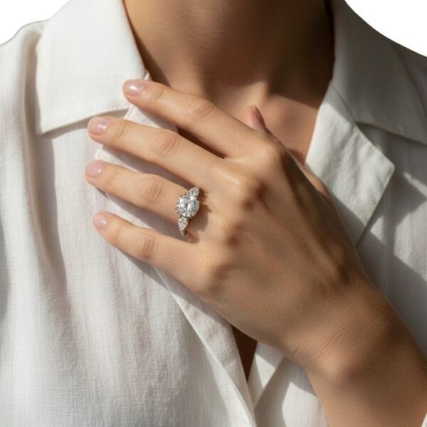 טבעת שלושה יהלומים IGI מתועדת במשקל 2.25 קראט עם שיבוץ פאווה בזהב לבן וצהוב 18 קראט