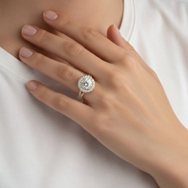 טבעת הילה מיהלומים במשקל 2.66 קרט, מתועדת IGI, בזהב צהוב 18 קראט