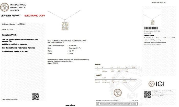 שרשרת יהלומים 1.38 קראט מעוצבת בקפידה עם תליון מזהב 18 קראט לבן וצהוב - מתועדת IGI – תמונה 9