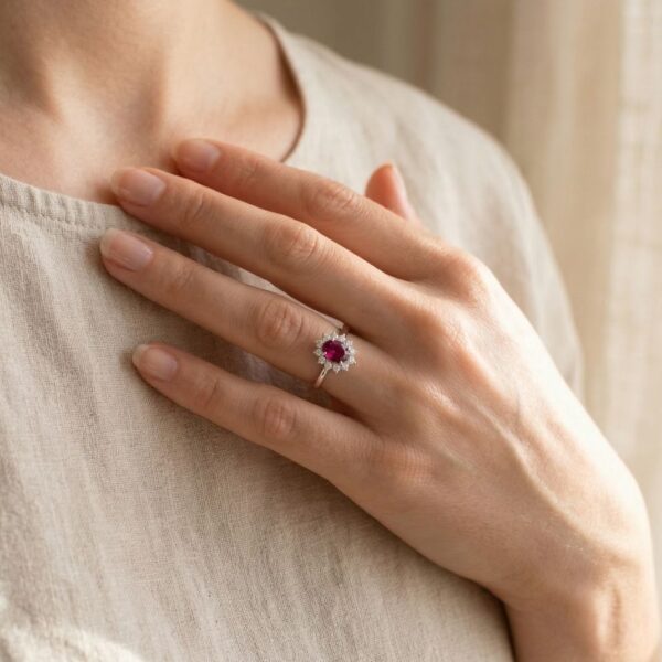 טבעת הילה פרחונית מלכותית עם יהלום טבעי 0.78 קראט ואבן רובי אובלית בזהב לבן 18K