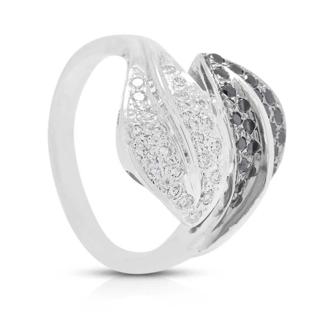 נואר 0.80ct טבעת עוקפת עלה ביהלומים טבעיים שחורים ולבנים בזהב לבן 18K – תמונה 6