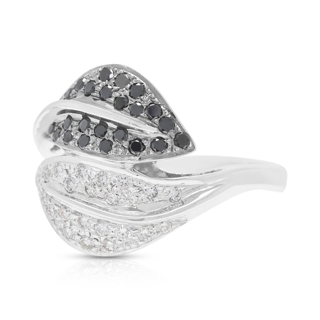 נואר 0.80ct טבעת עוקפת עלה ביהלומים טבעיים שחורים ולבנים בזהב לבן 18K – תמונה 4