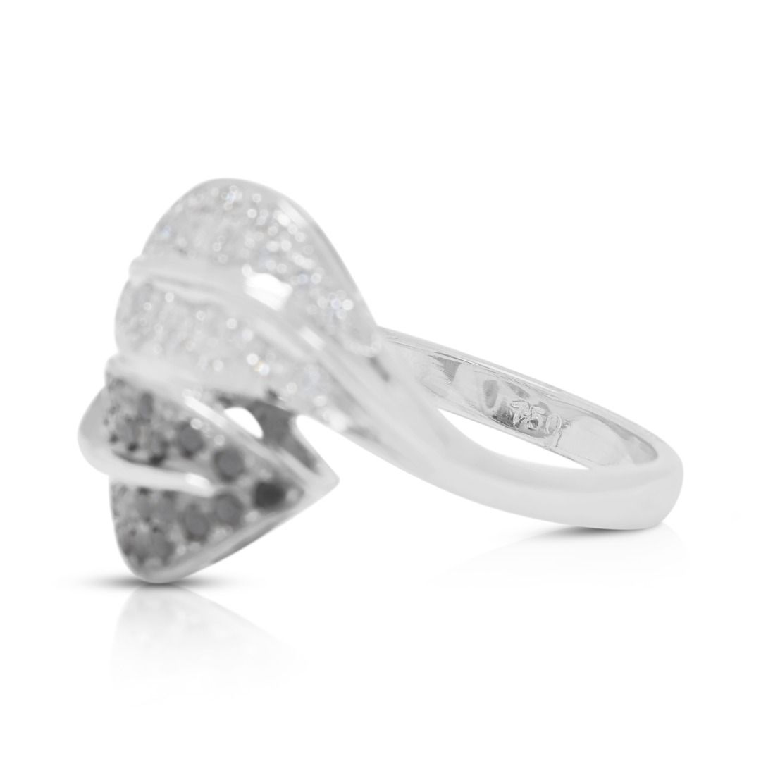 נואר 0.80ct טבעת עוקפת עלה ביהלומים טבעיים שחורים ולבנים בזהב לבן 18K – תמונה 5