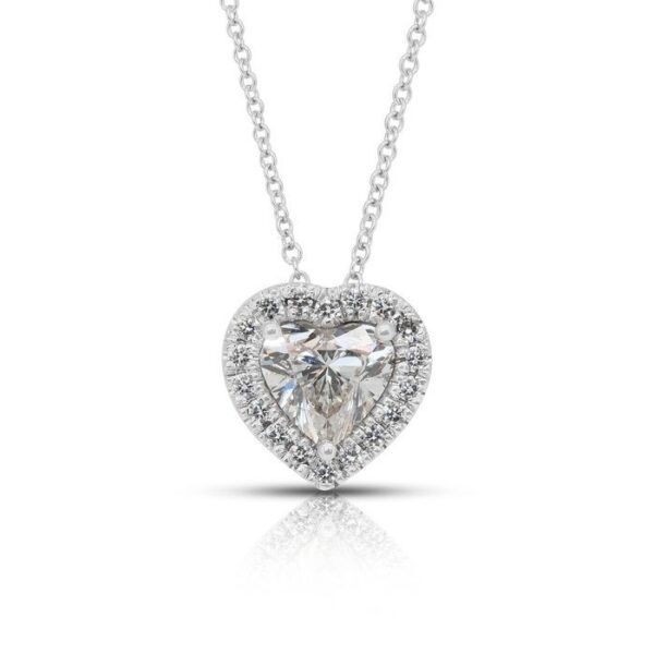 שרשרת יהלומים יוקרתית 1.21 קרט עם תליון לב בצורת הילה מזהב לבן 18 קרט - מתועדת IGI
