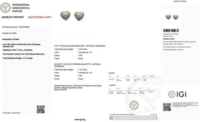 עגילי יהלומים יקרים בצורת לב במשקל 2.37 קראט בזהב צהוב ולבן 18k - מתועדים IGI – תמונה 10