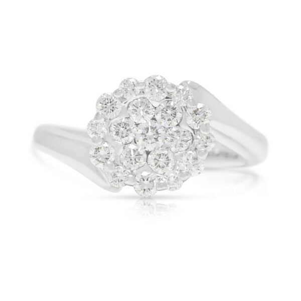 טבעת אשכול פרחונית זוהרת מיהלום טבעי במשקל 0.54 קראט בזהב לבן 18 קראט