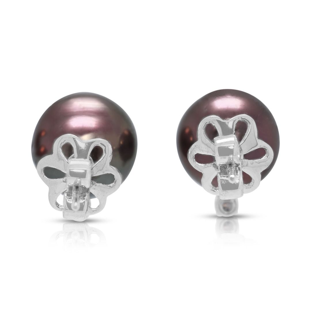 עגילים צמודים מרשימים עם פניני ים דרומי חומות בגודל 11.77 מ"מ ויהלומי 0.12 קראט בזהב לבן 18 קראט – תמונה 7