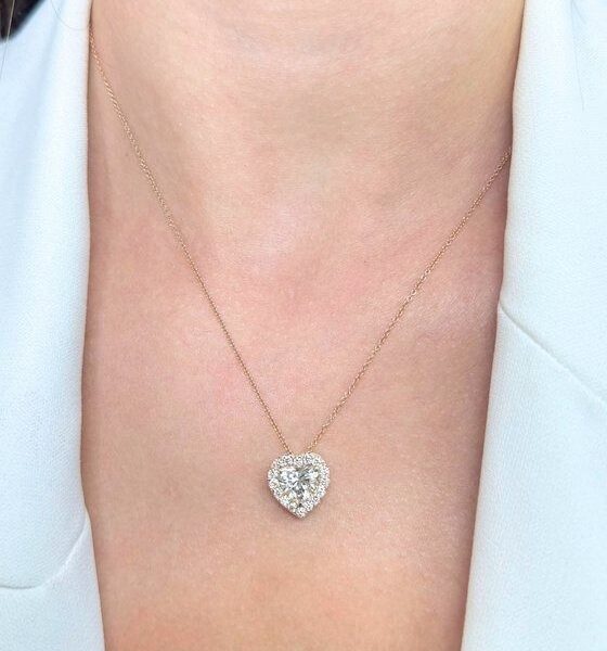 שרשרת יהלומים מהממת 1.91 קראט עם תליון הילה בצורת לב בזהב אדום 18 קראט - מתועדת IGI