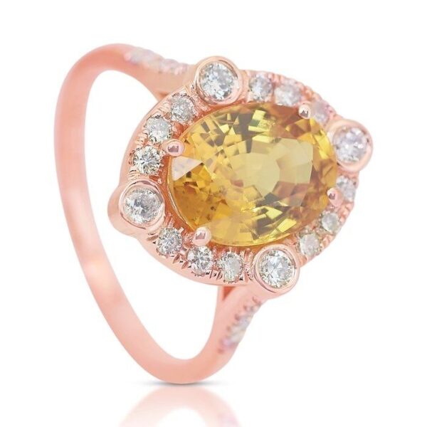 טבעת אשכול מרהיבה של ספיר 4.06 קראט ויהלומים בזהב ורוד 14 קראט - מתועדת IGI