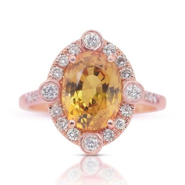 טבעת אשכול מרהיבה של ספיר 4.06 קראט ויהלומים בזהב ורוד 14 קראט - מתועדת IGI