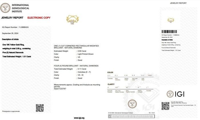 טבעת חמישה יהלומים גאומטרית במשקל 1.01 קרט בזהב צהוב 18 קראט - תעודת IGI – תמונה 7