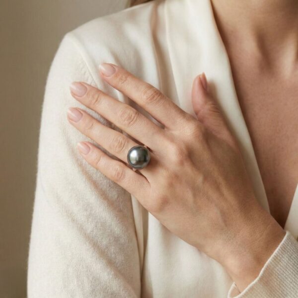 טבעת סוליטר עם פנינת ים דרומי שחורה 14.5 מ"מ בזהב לבן 18 קראט