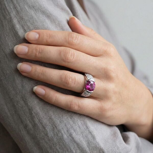 טבעת הצהרה בזהב לבן 18K משובצת ספיר ורוד עז 1.33 קראט ויהלומים טבעיים