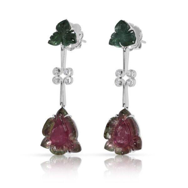 עגילי יהלומים במשקל 0.16 קרט וטורמלין אבטיח מלאי קסם בזהב לבן 18 קראט