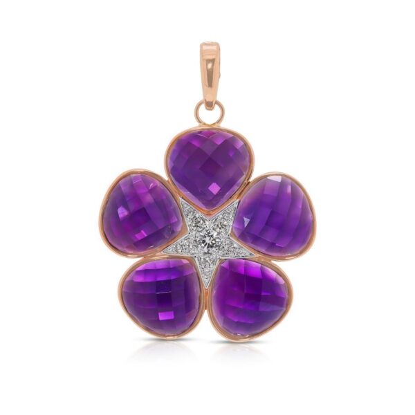 תליון פרחוני מלא קסם משובץ אבני אמטיסט בחיתוך רוז במשקל 5.25 קרט ויהלומים בזהב ורוד 18 קראט