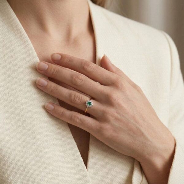 טבעת פרחונית פורחת מזהב דו-גוני 18 קראט, משובצת אזמרגד ויהלומים במשקל 0.22 קראט