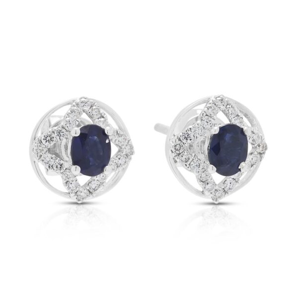 עגילים אלגנטיים בזהב לבן 18 קראט, משובצים ספיר ויהלומים במשקל 0.36 קראט