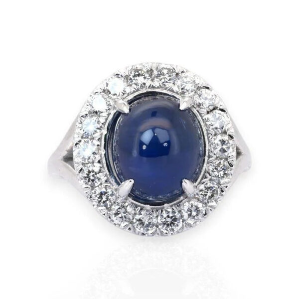 טבעת קוקטייל יוקרתית GIA עם ספיר 7.32ct ויהלומים, מזהב לבן 18k