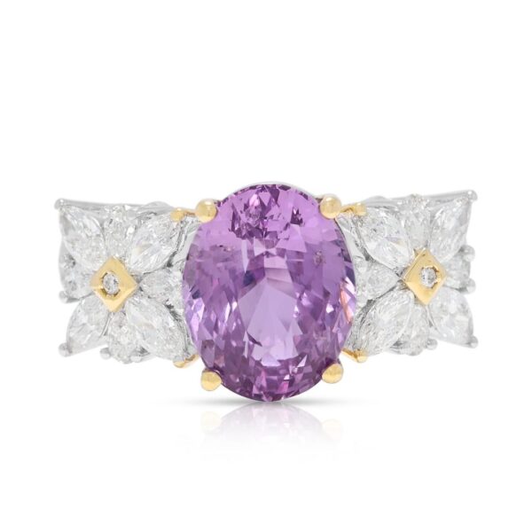 טבעת ספיר ורוד-סגול עז 4.54ct זוהרת בזהב דו-גוני 18K (חדש) - מתועדת GUILD