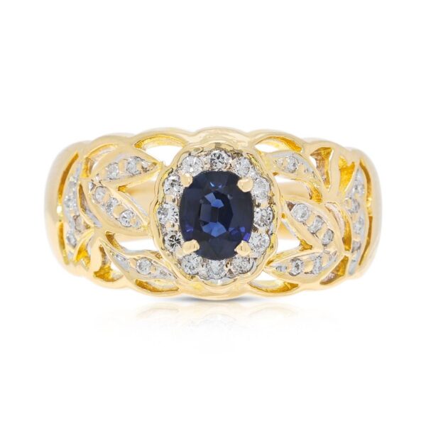 טבעת מורשת ספיר ויהלומים בשיבוץ פאווה 0.46ct בזהב צהוב 18K