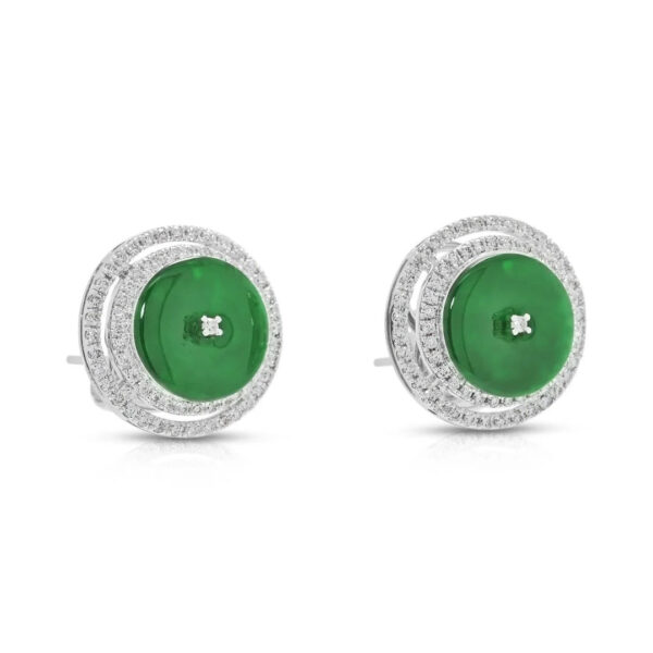 עגילים צמודים יוקרתיים עם ג'ייד 0.39 גרם ויהלומים 0.60 קראט בהילה כפולה בזהב לבן 18 קראט