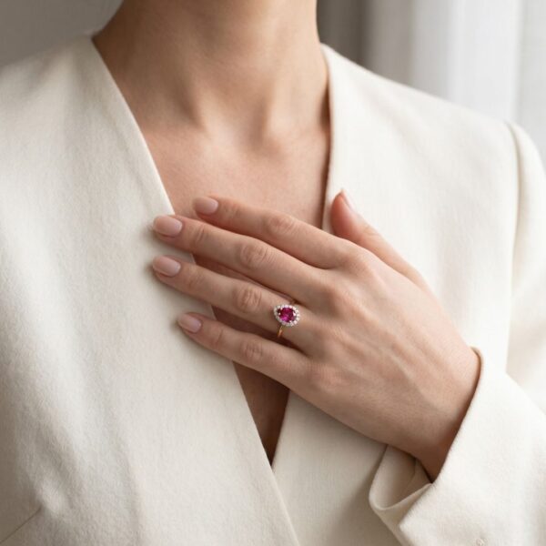 טבעת מרהיבה של ספיר ורוד ויהלומים במשקל 1.39 קראט בזהב צהוב 18 קראט