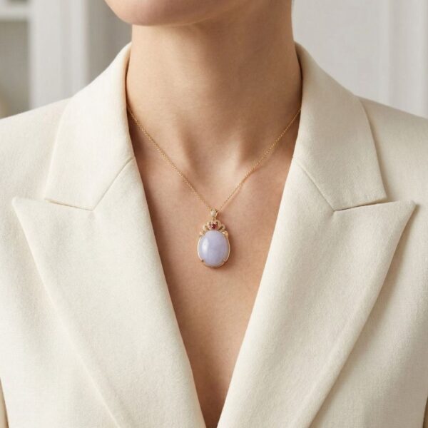 תליון ירקן סגול-לילך ואדום מפואר עם נגיעות יהלומים במשקל 0.12 קרט בזהב ורוד 18K